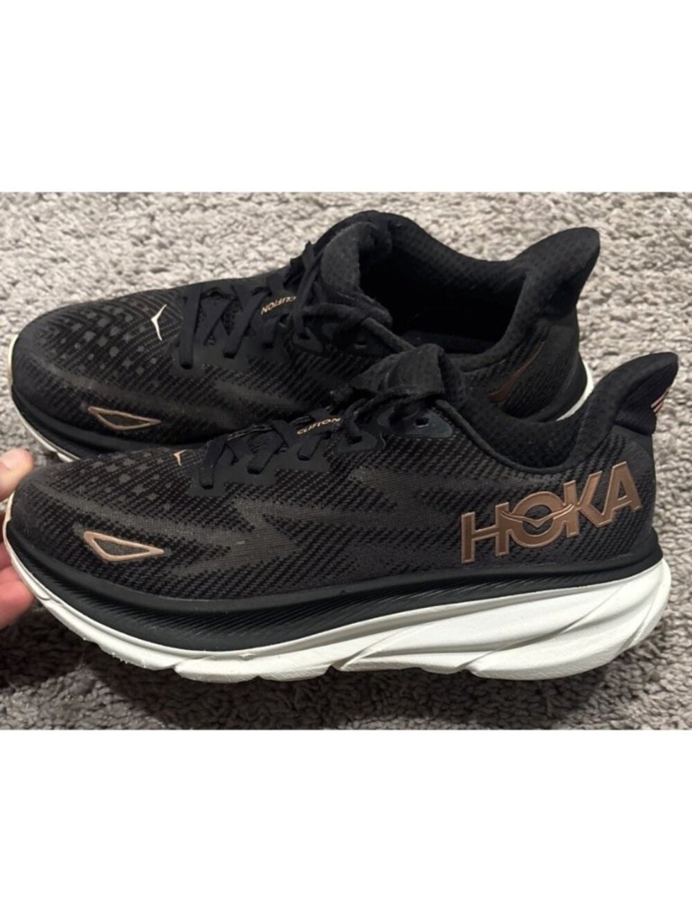 Hoka Clifton 9 Shoes Womens Size 9.5B Black Rose Gold Running Sneakers Athletic